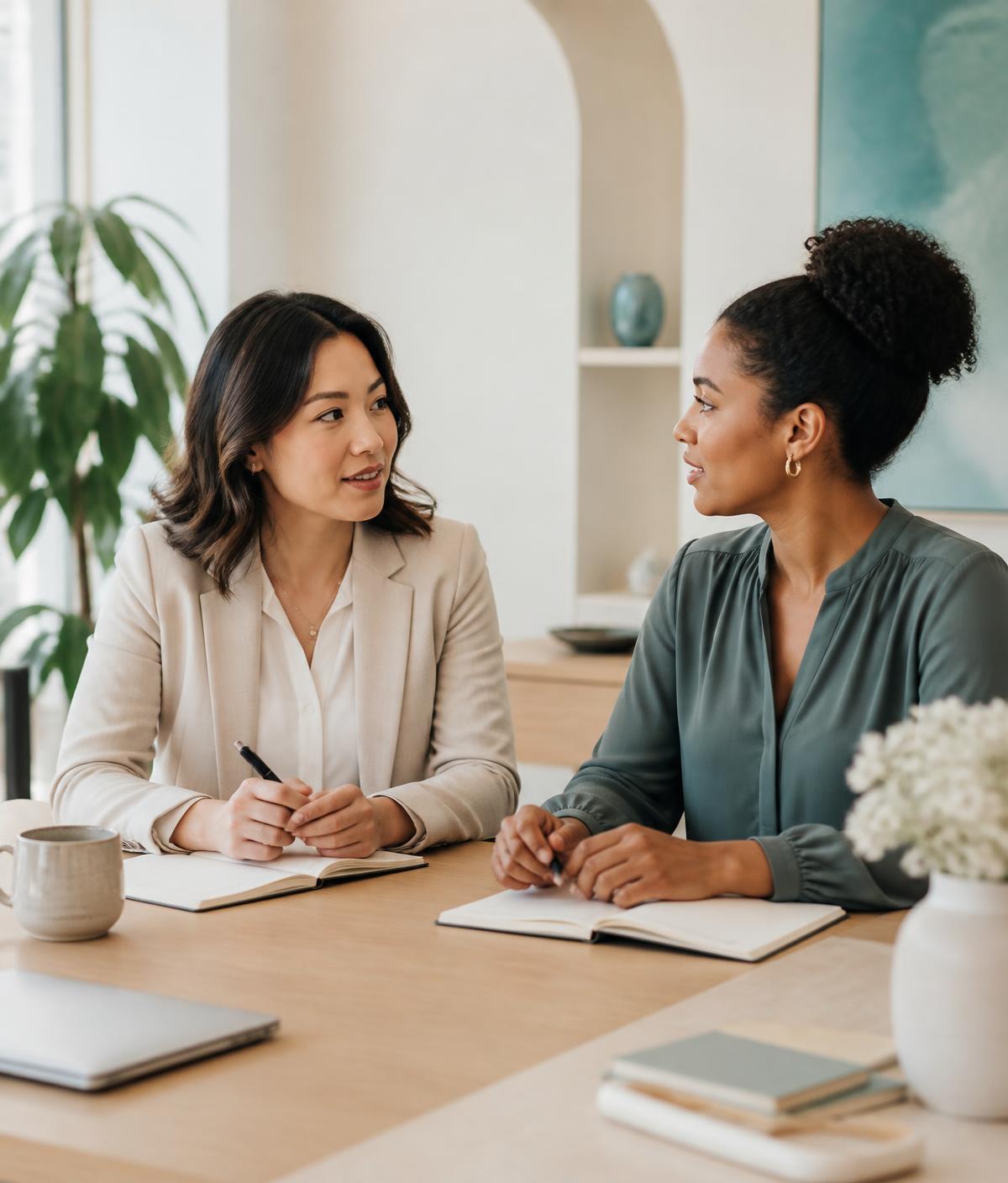 Two professionals in conversation across a table in a bright office