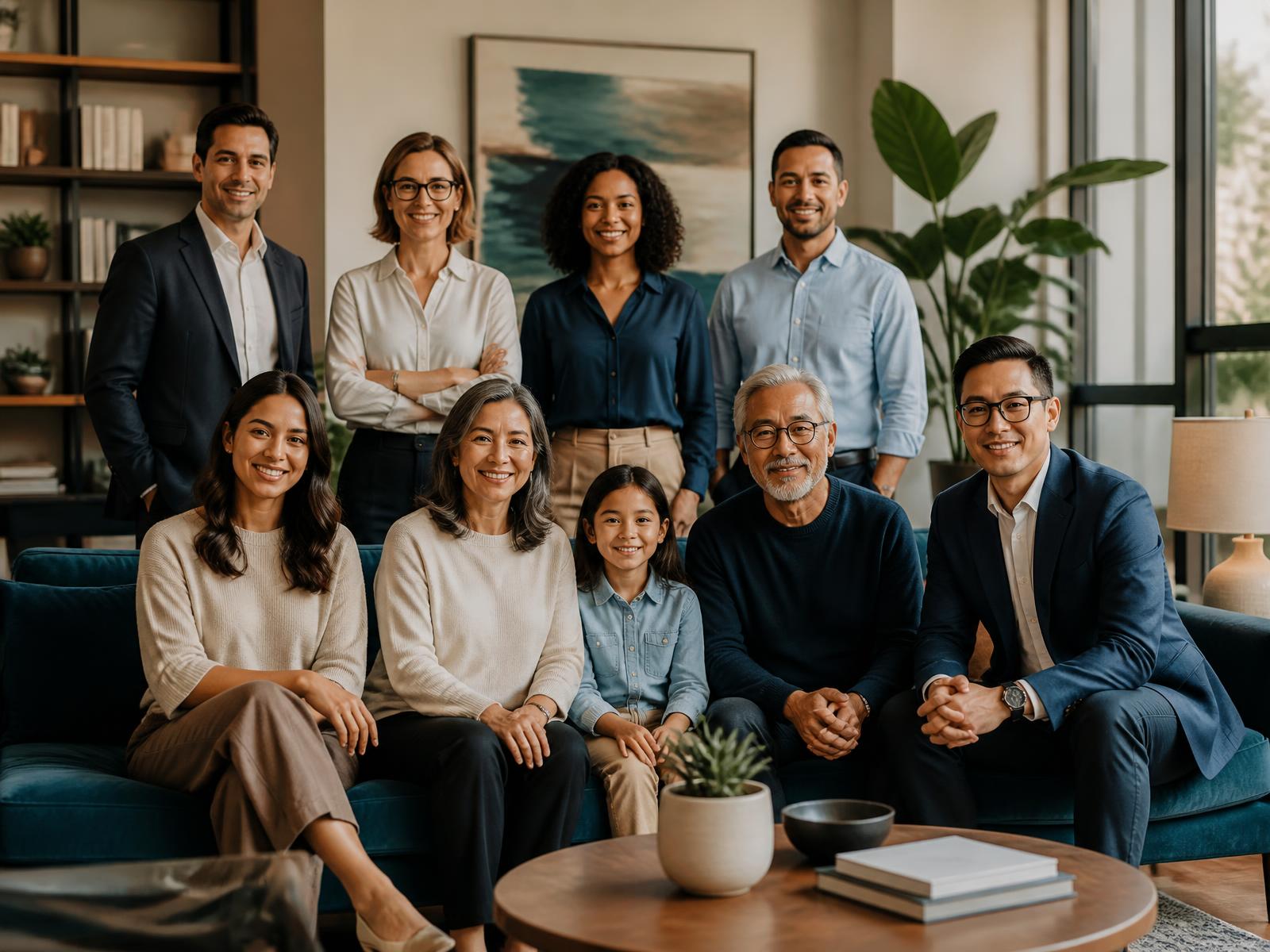 Diverse families and professionals meeting in a bright, welcoming consulting space
